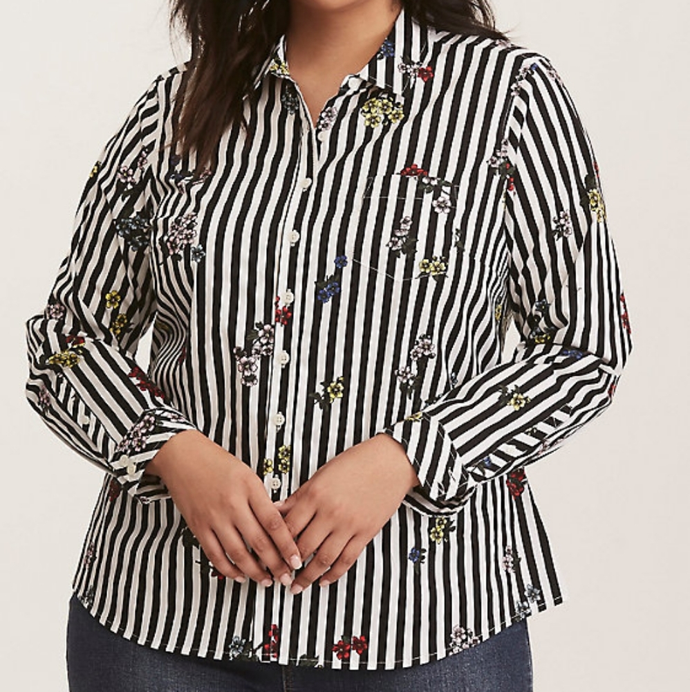 BLACK WHITE STRIPE FLORAL BUTTON SHIRT